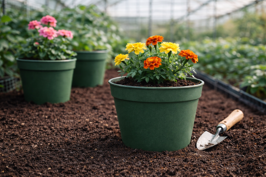 Flowerpots in Greenhouse